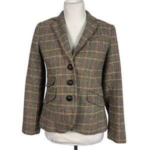 Talbots Classic Plaid Equestrian Style Wool Blend Blazer Elbow Patches Size 2
